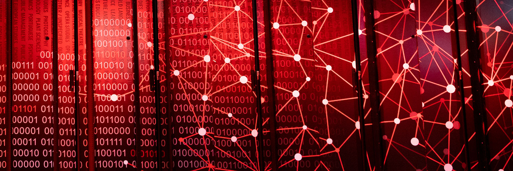 Closeup of the Big Red supercomputer showing data points and 1s and 0s.