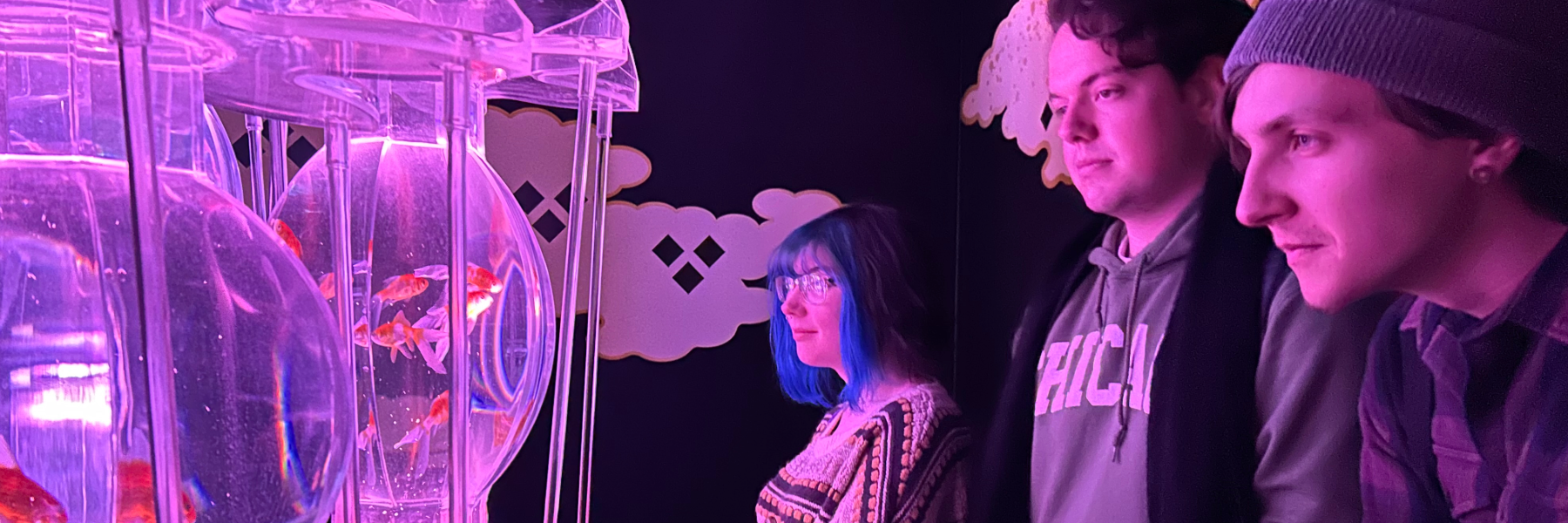 A sideview of three people looking at goldfish.